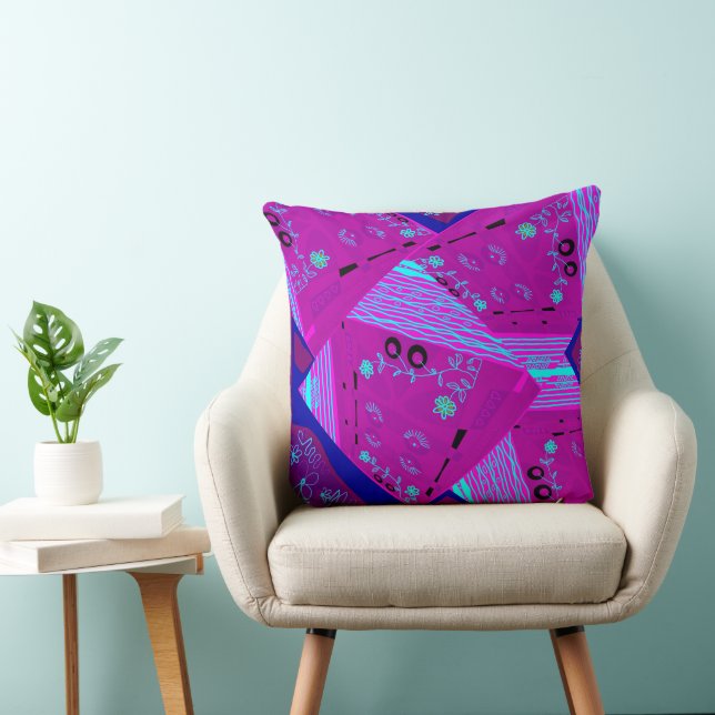 Origami Chintz (L) Fuchsia Turquoise Blue Magenta Throw Pillow (Chair)