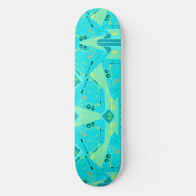 Origami Chintz (L) Turquoise Yellow Teal Skateboard (Front)