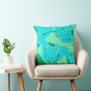 Origami Chintz (L) Turquoise Yellow Teal Throw Pillow