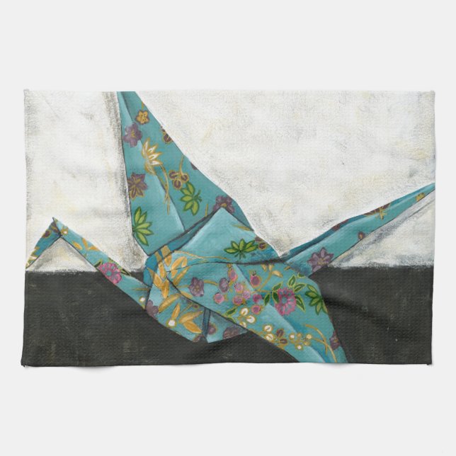 Origami Crane with Floral Designs Kitchen Towel (Horizontal)
