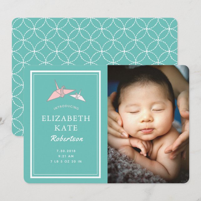 Origami Cranes Photo Teal Birth Announcement Card (Front/Back)