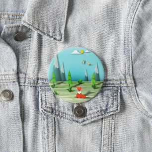 Origami Forest Scene with Fox Mountains and Birds  3 Inch Round Button