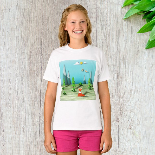 Origami Forest Scene with Fox Mountains and Birds  T-Shirt (Creator Uploaded)
