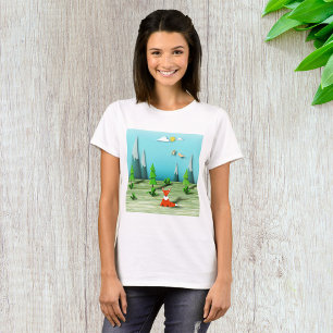 Origami Forest Scene with Fox Mountains and Birds  T-Shirt