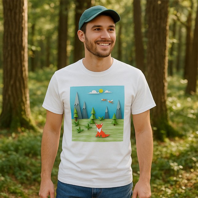 Origami Forest Scene with Fox Mountains and Birds  T-Shirt (Creator Uploaded)