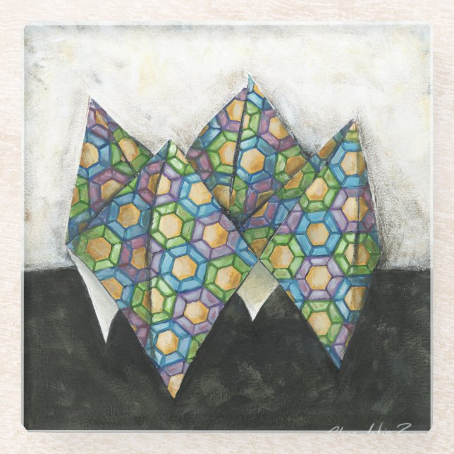 Origami Fortune Teller on Geometric Paper Glass Coaster (Front)