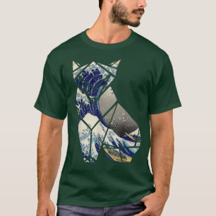 Origami Fox T shirt with Japanese Hokusai Wave ove