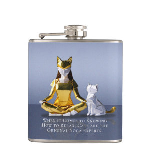 Origami Gold Foil Yoga Meditating Catwoman and Cat Hip Flask
