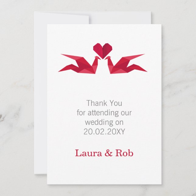 origami grues rouges Mariage Merci cartes (Devant)
