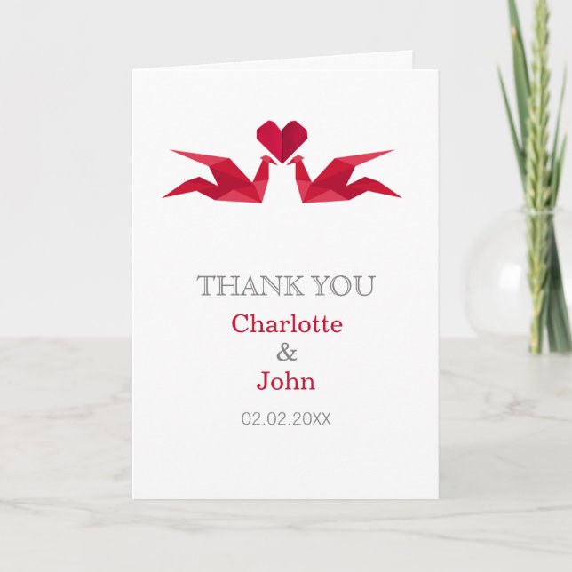 origami grues rouges Mariage Merci cartes (Devant)