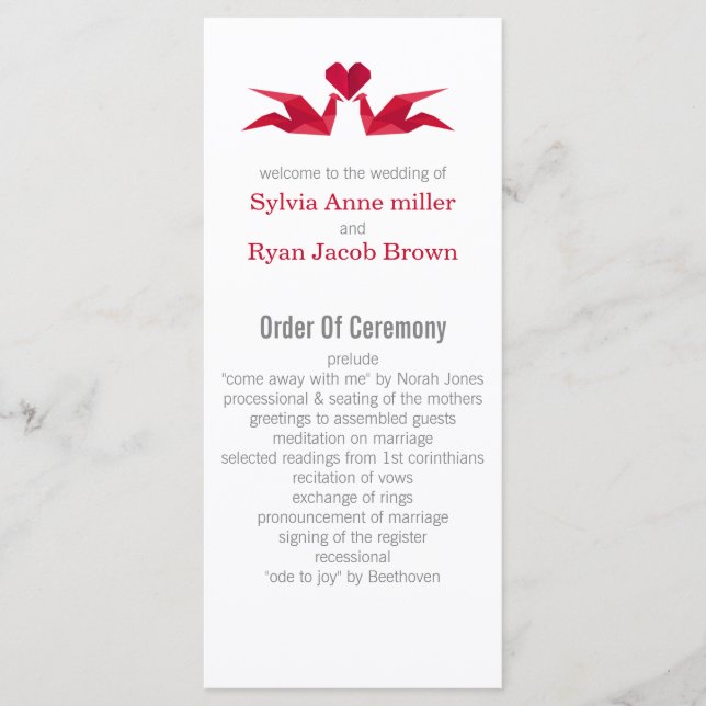 origami grues rouges Programmes de mariage (Devant)