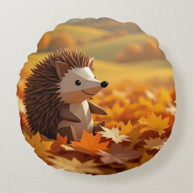 Origami Hedgehog Autumn Themed  Round Pillow (Front)