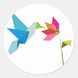 Origami hummingbird and flower classic round sticker