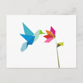 Origami hummingbird and flower postcard