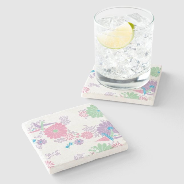 Origami Paper Cranes and Flowers Stone Coaster (Side)