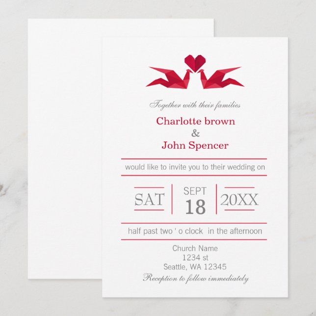 origami red cranes wedding invitations (Front/Back)