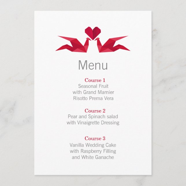 origami red cranes wedding menu cards (Front)