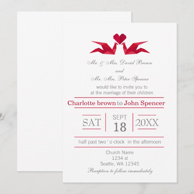 origami rouge grues invitations de mariage (Devant / Derrière)