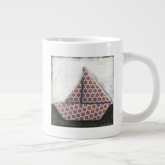 Origami Sailboat on Star Design Paper Large Coffee Mug (Right)
