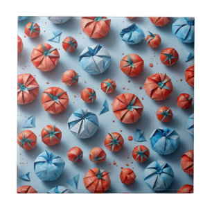 Origami Tomatoes Pattern Red Blue Tile