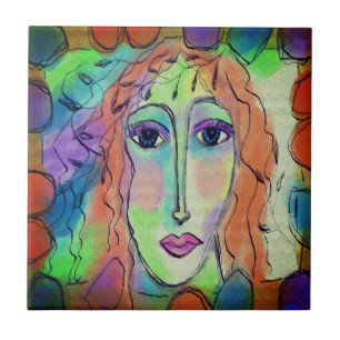 Original Abstract Digital Portrait of a Woman Tile