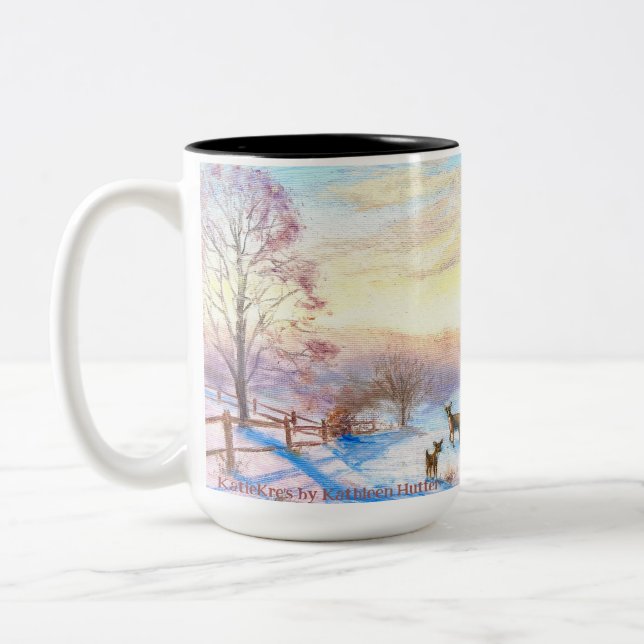 Original Art by Katie Hutter Snowy Scene 3 Deer  Two-Tone Coffee Mug (Left)