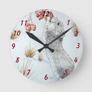 original art cute field mouse snow scene wildlife round clock