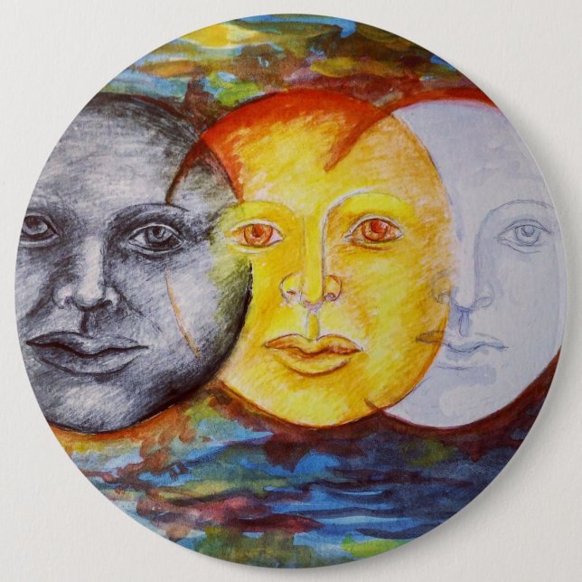 Original art sun moon eclipse  6 inch round button (Front)