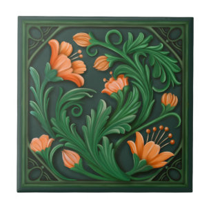 Original Artwork Green and Orange Flowers Tile