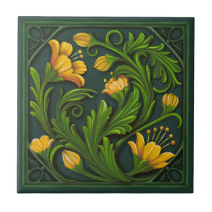 Original Artwork Green and Yellow Flowers  Tile