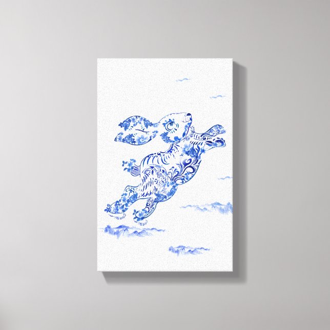 Original Blue White Painting Chinese Rabbit Year  Canvas Print (Front)