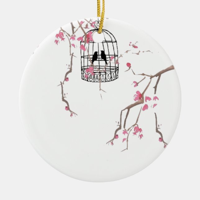 Original cherry blossom birdcage artwork ceramic ornament (Front)