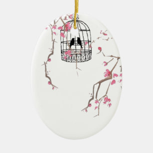 Original cherry blossom birdcage artwork ceramic ornament