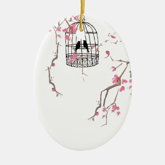 Original cherry blossom birdcage artwork ceramic ornament (Front)