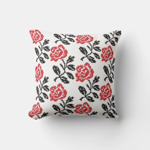 Original cross-stitch flower design   Red rose Throw Pillow
