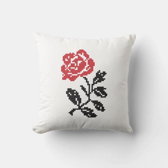 Original cross-stitch flower design | Red rose Throw Pillow (Front)