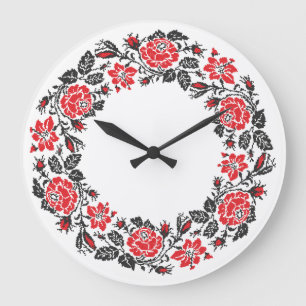 Original Cross-stitch Red Roses Circle pattern Large Clock