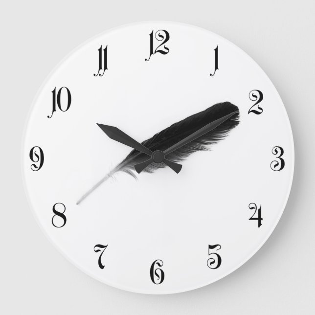 Original cute black feather on a white background large clock (Front)