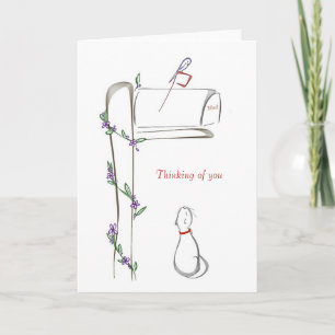 Original drawing of a cat watching bird on mailbox card