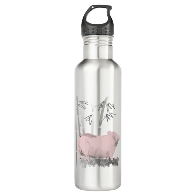 Original Drawing Pig and Bamboos 710 Ml Water Bottle (Front)