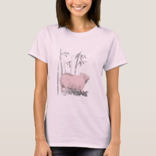 Original Drawing Pig and Bamboos Woman Pink Tee