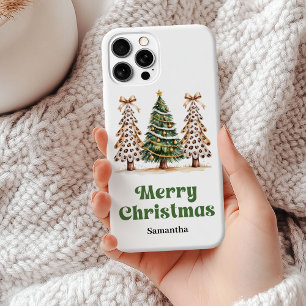 Original Earthy Christmas trees green gold leopard iPhone 15 Mini Case