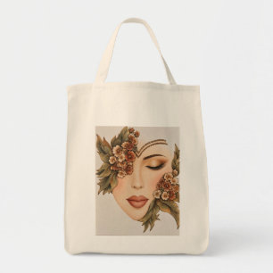 Original Earthy Floral Woman Portrait Art Print Tote Bag