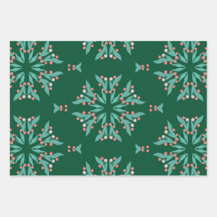 Original floral red berries snowflake ornaments wrapping paper sheet