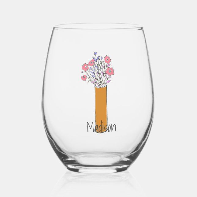 Original Fun Quirky Flower  Stemless Wine Glass (Front)