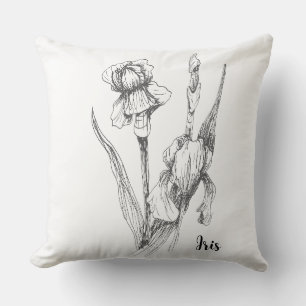 Original Hand Drawing, Iris Flower, Fine Art Throw Pillow