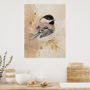 Original Hand painted Watercolor Chickadee Bird Poster