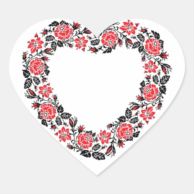 Original Heart of cross-stitch red rose flowers Heart Sticker (Front)