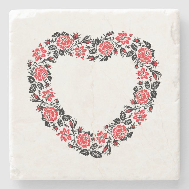 Original Heart of cross-stitch red rose flowers Stone Coaster (Front)