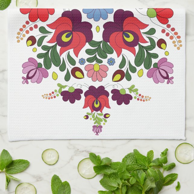 Original Hungarian Matyo Kitchen Blessing Quote Kitchen Towel (Folded)